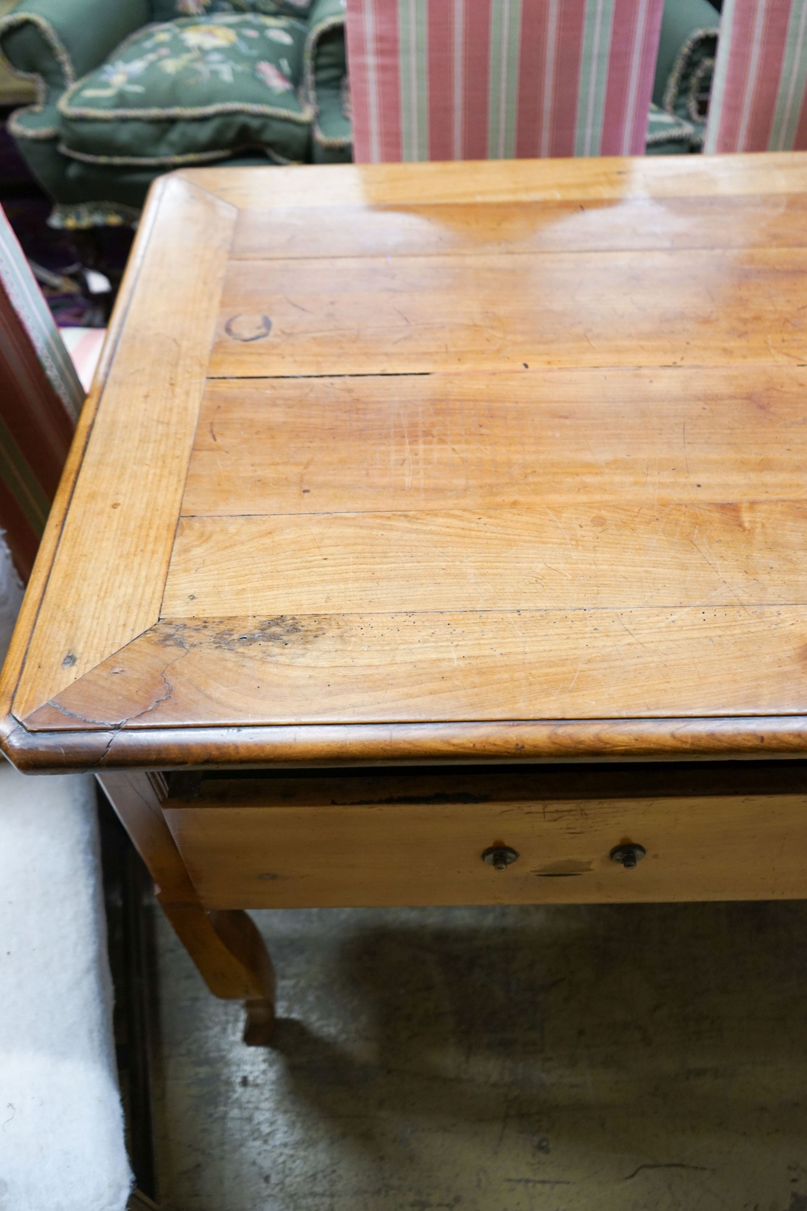 A 19th century French cherrywood six drawer serving table, length 200cm, depth 79cm, height 84cm